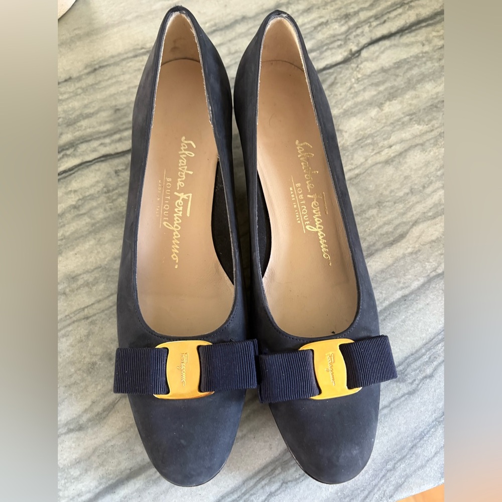 Salvatore Ferragamo Navy Blue Heels with Gold Accents